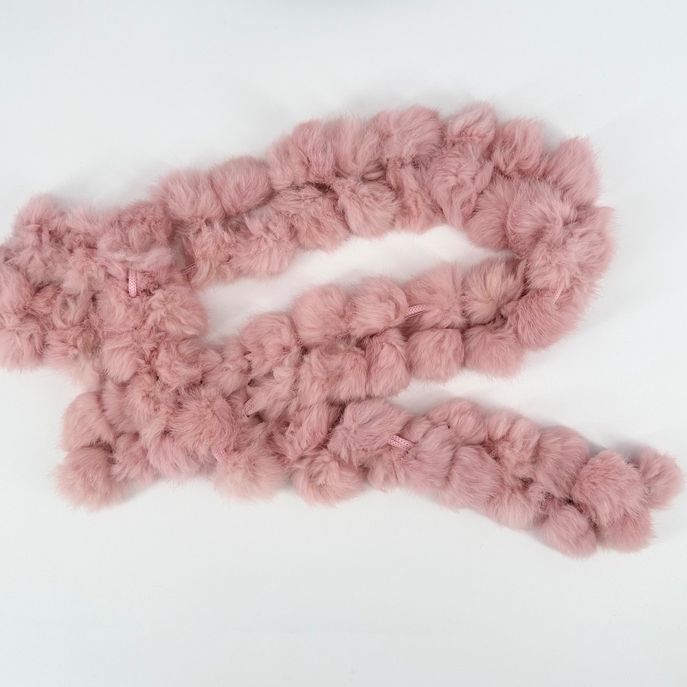 Cejan Pink Genuine Rabbit Fur Pom Pom Skinny Scarf 64x2 Long Fluffy Soft